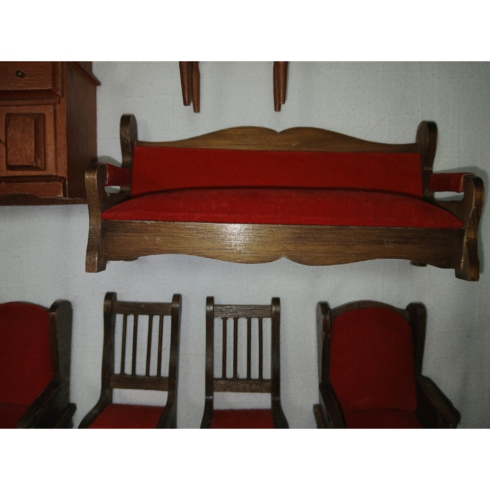 Vtg Miniature Dollhouse Wooden Wingback Living Room Set Sofa & 2 Chairs /Bed Lot - Picture 5 of 16